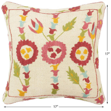 handmade  Pillow Beige Blue Hand-Woven SQUARE 100% Wool Suzani Throw Pillow
